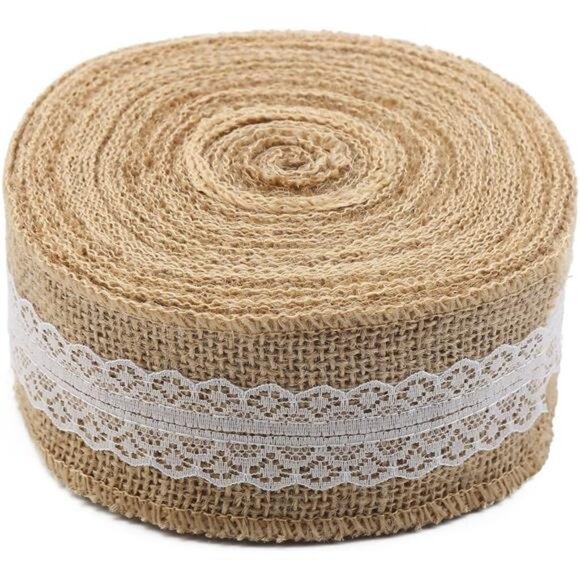 Natural Jute Burlap Ribbon Roll with White Lace Trims Tape for DIY - Picture 2 of 8